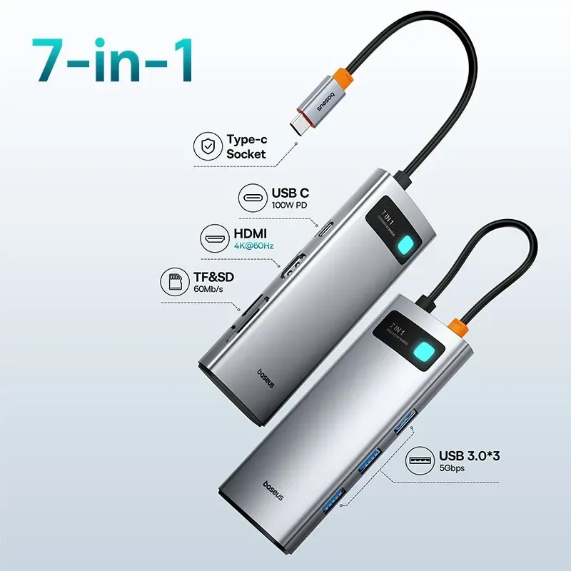 Hub USB-C 7-en-1 Isabel, 2 x USB-C, 4K @ 60Hz, HDMI, 3 x USB 3.0, PD 100W, Port USB-C, Lecteur de cartes SD/TF, compatible MacBook, iPad M2, Dallas Steam Deck 7