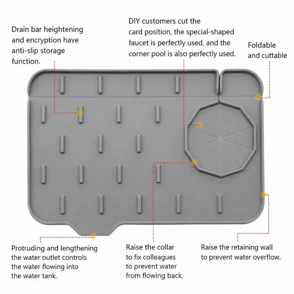 Tapis absorbant pour robinet lavable en silicone, avec collecteur d'éclaboussures, tampon de vidange enveloppant et résistant aux éclaboussures pour séchage de vaisselle, accessoire de cuisine 3