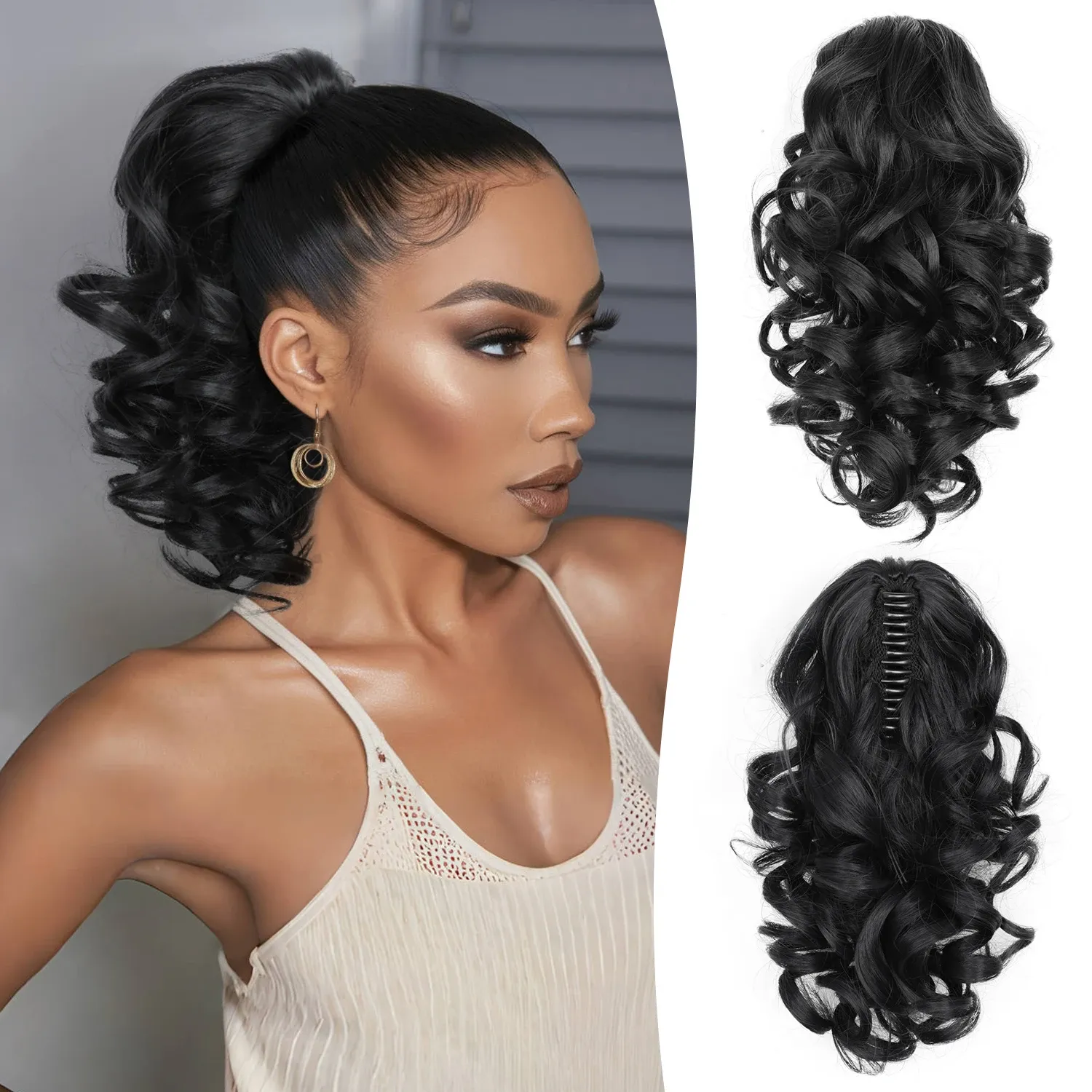 Extensions capillaires synthétiques bouclées et ondulées 12 pouces, postiche courte et volumineuse à clips pour femmes et filles 8