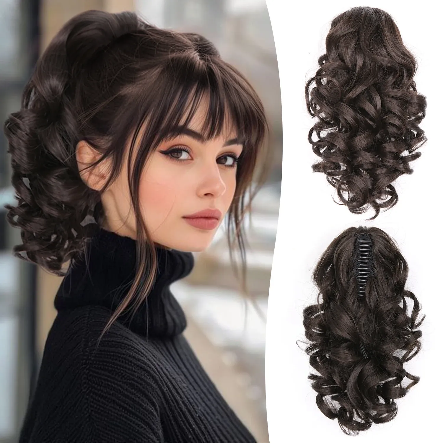 Extensions capillaires synthétiques bouclées et ondulées 12 pouces, postiche courte et volumineuse à clips pour femmes et filles 10
