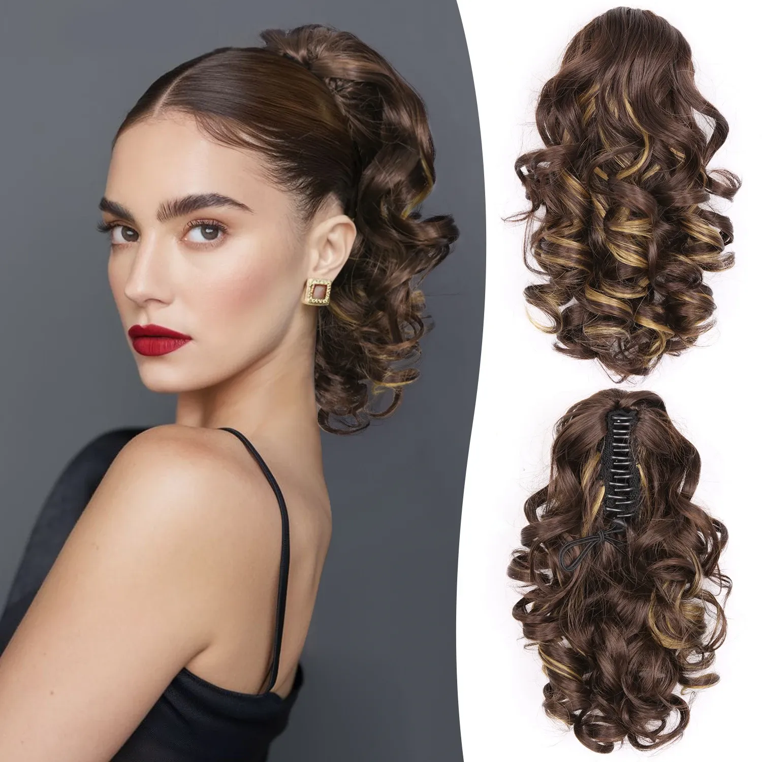 Extensions capillaires synthétiques bouclées et ondulées 12 pouces, postiche courte et volumineuse à clips pour femmes et filles 12