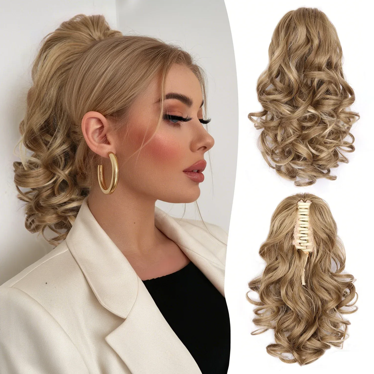 Extensions capillaires synthétiques bouclées et ondulées 12 pouces, postiche courte et volumineuse à clips pour femmes et filles 15