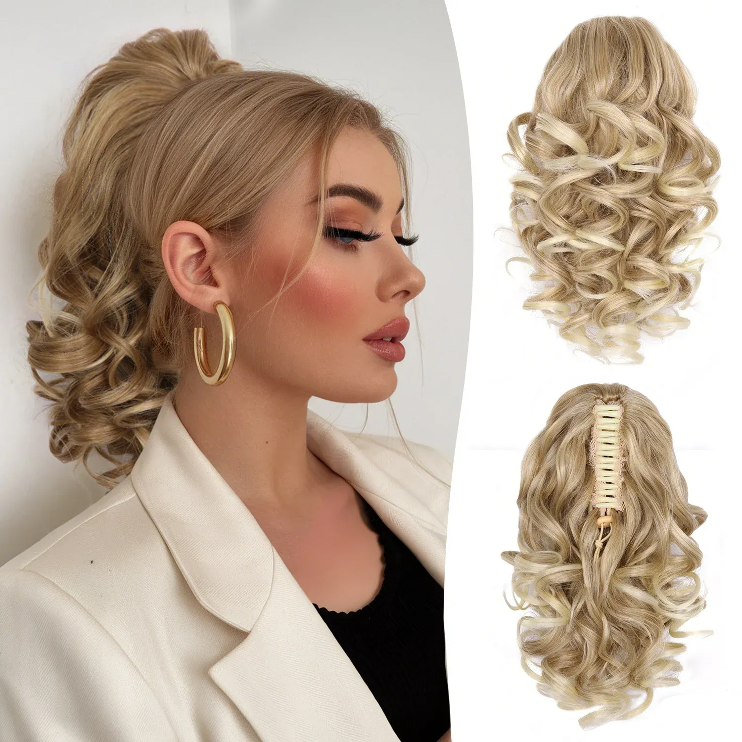 Extensions capillaires synthétiques bouclées et ondulées 12 pouces, postiche courte et volumineuse à clips pour femmes et filles 17