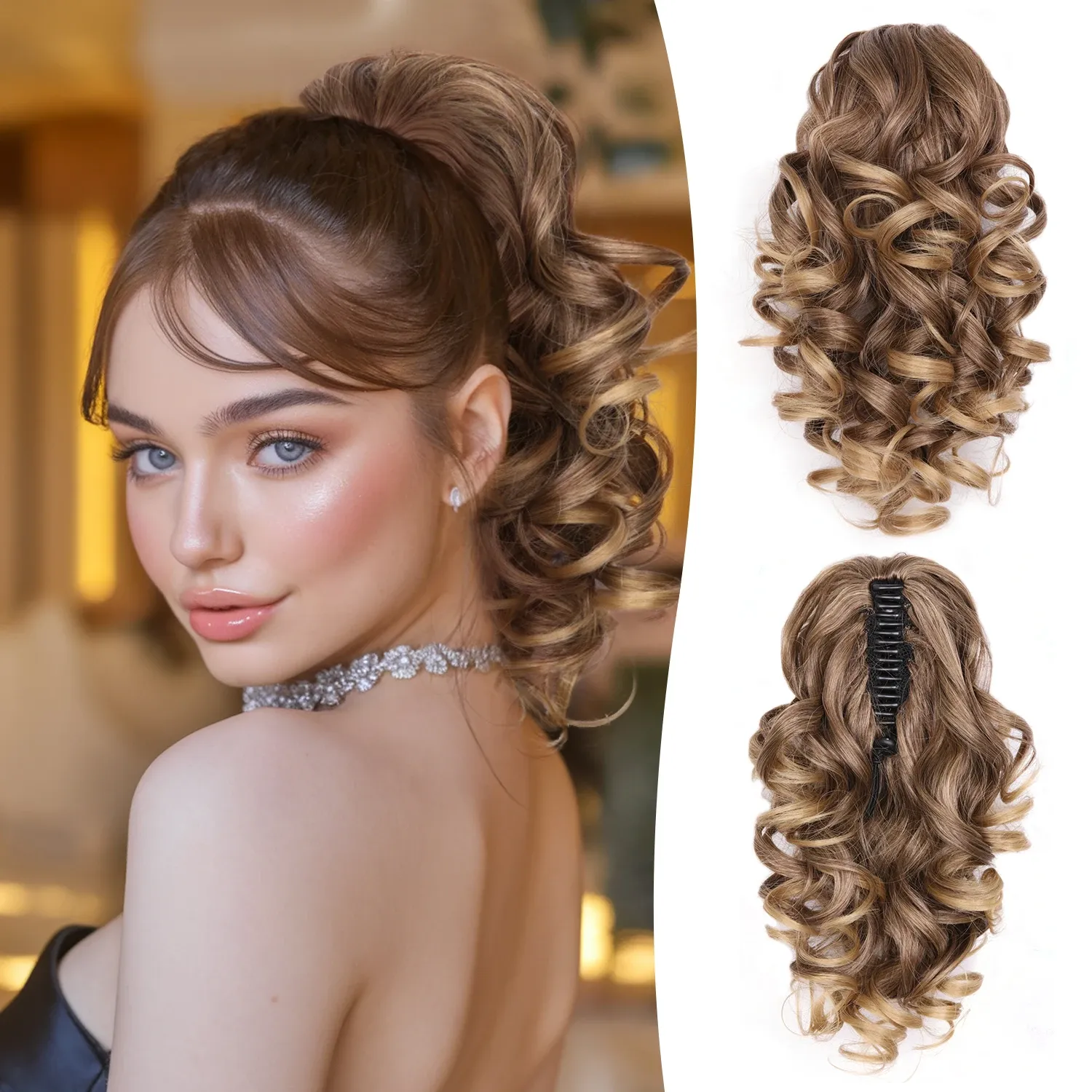 Extensions capillaires synthétiques bouclées et ondulées 12 pouces, postiche courte et volumineuse à clips pour femmes et filles 7