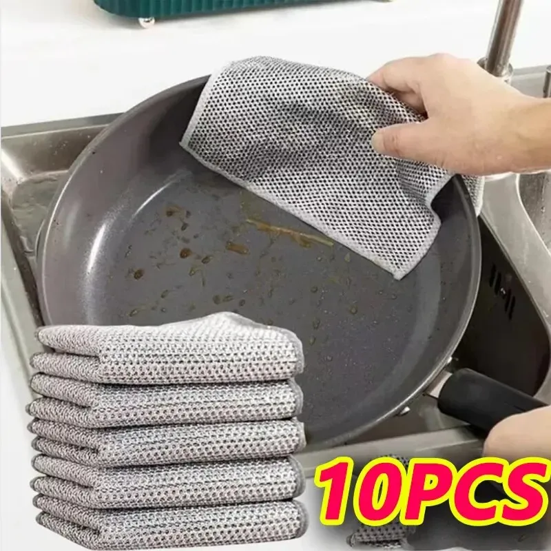 Lot de 10 torchons de nettoyage en microfibre épaissie avec éponge intégrée, en fil d'acier, pour gril de cuisine