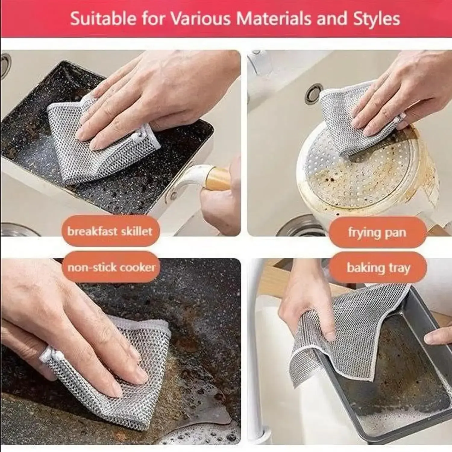 Lot de 10 torchons de nettoyage en microfibre épaissie avec éponge intégrée, en fil d'acier, pour gril de cuisine 4