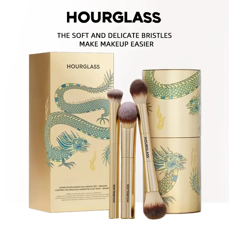 Pinceau de maquillage sablier, lot de 3 pinceaux : pinceau fond de teint, pinceau poudre libre et pinceau anti-cernes, nouveau design avec étui à pinceaux