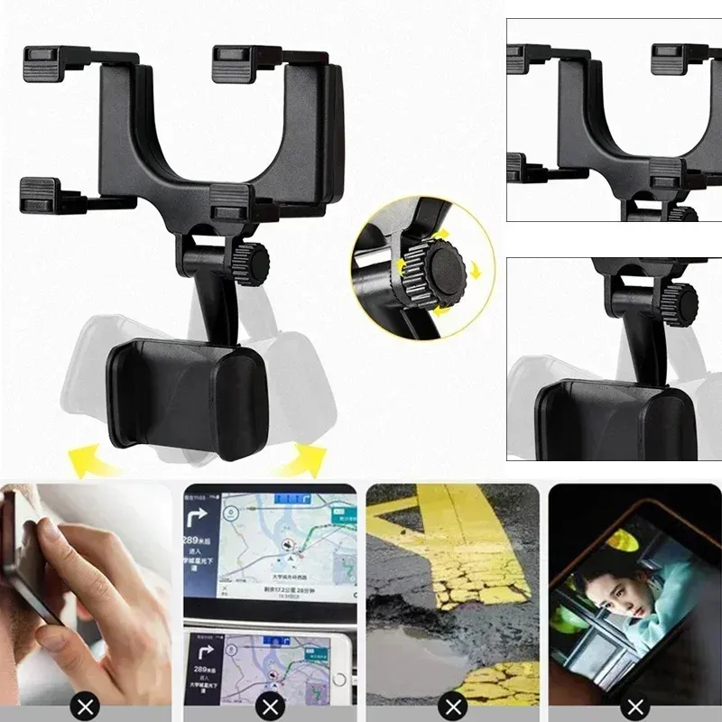 Support de téléphone de voiture pour rétroviseur, rotation à 360°, clip pliable et réglable pour navigation GPS 3