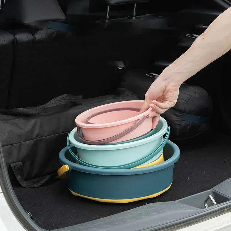 Seau pliable portable multifonctionnel en silicone épais, pour lavage de voiture, pêche, cuisine et camping, disponible en 5 L, 10 L, 17 L, E27 3