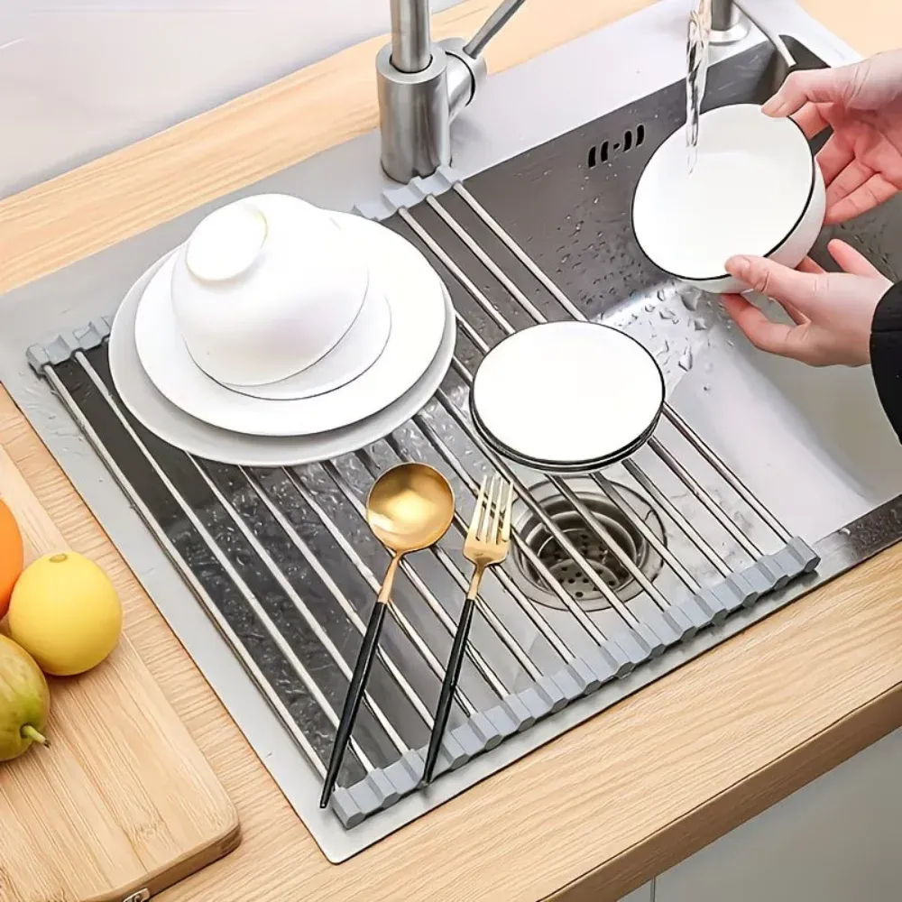 Égouttoir pliable et enroulable en acier inoxydable, multifonction pour la cuisine 2