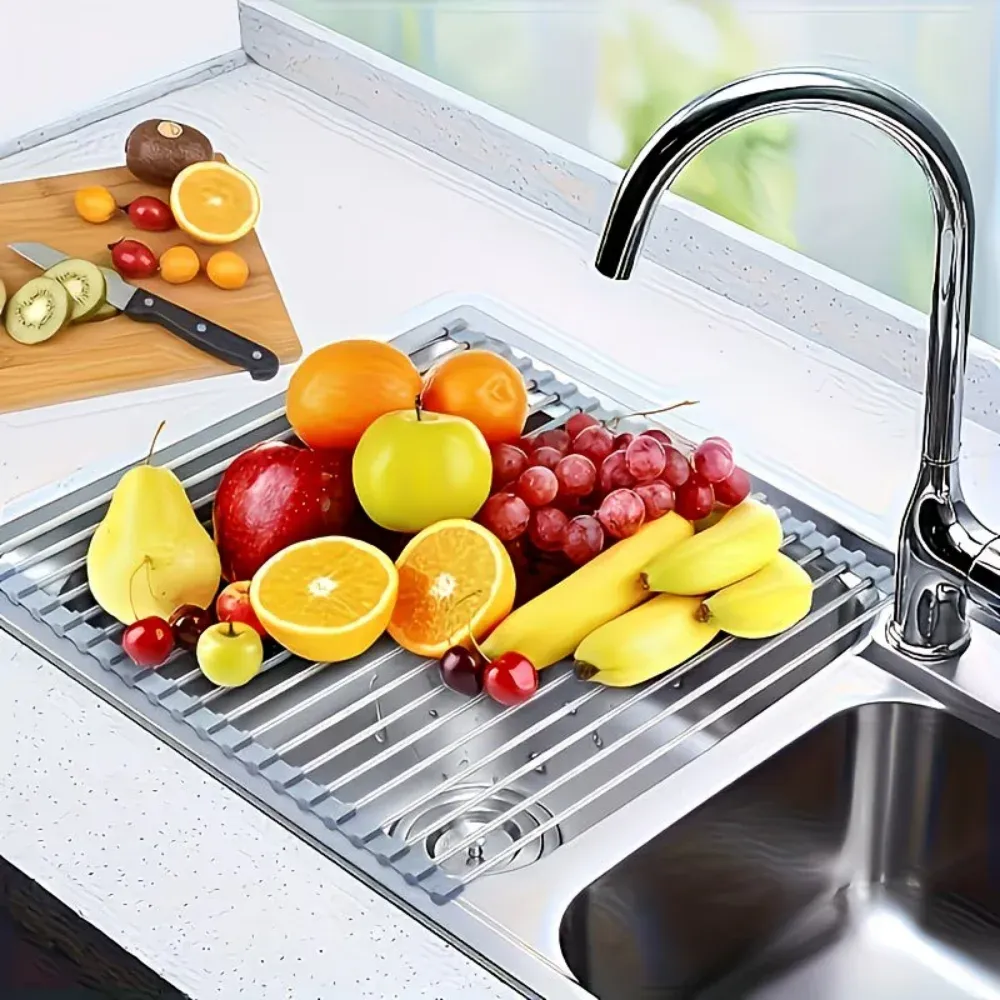 Égouttoir pliable et enroulable en acier inoxydable, multifonction pour la cuisine 6