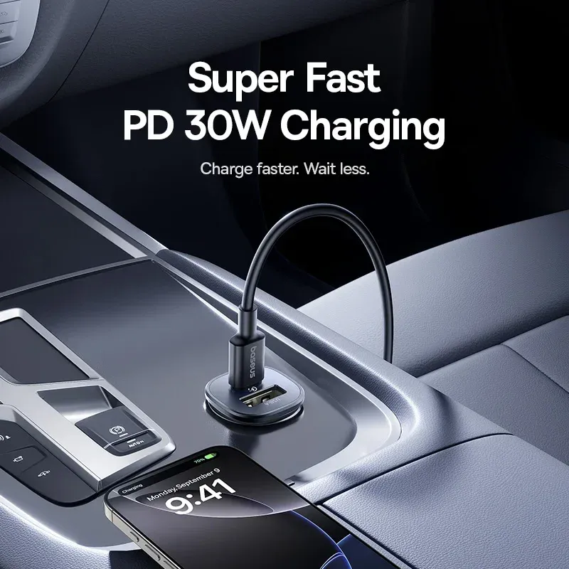 Chargeur de voiture Baseus 30 W à charge rapide, double port USB-C PD et USB-A, compatible iPhone 16/15, Samsung S24/S25, Xiaomi, Huawei et tablettes 2