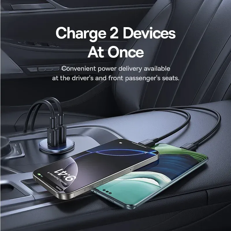 Chargeur de voiture Baseus 30 W à charge rapide, double port USB-C PD et USB-A, compatible iPhone 16/15, Samsung S24/S25, Xiaomi, Huawei et tablettes 3
