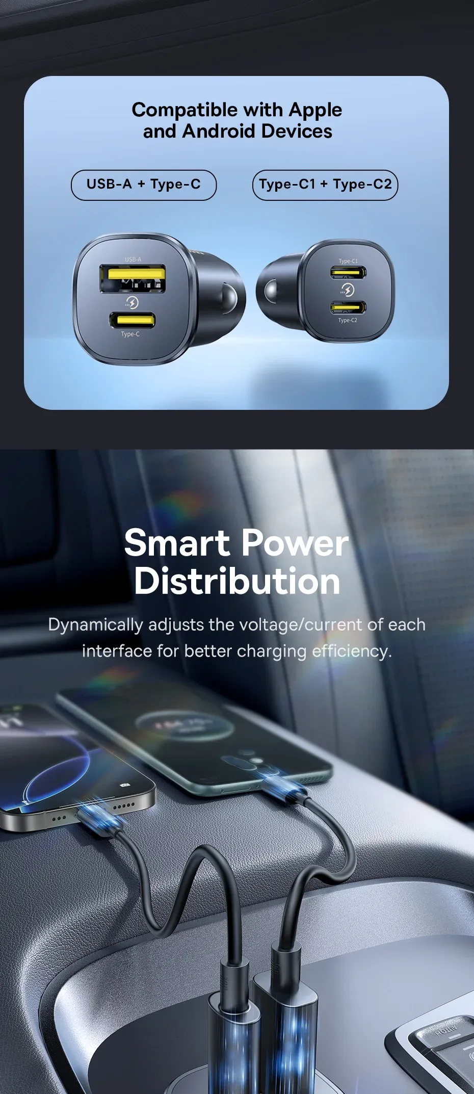 Chargeur de voiture Baseus, finition premium
