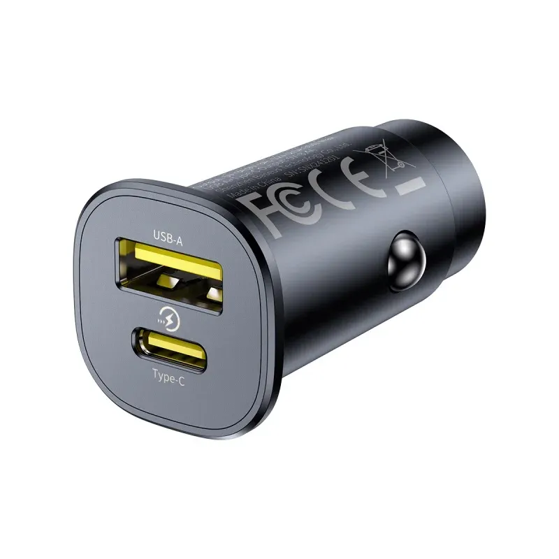 Chargeur de voiture Baseus 30 W à charge rapide, double port USB-C PD et USB-A, compatible iPhone 16/15, Samsung S24/S25, Xiaomi, Huawei et tablettes 8