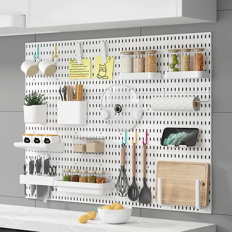 Panneau perforé mural avec accessoires, étagère suspendue et crochets de rangement, organisateur sans perçage pour garage, cuisine et salle 4