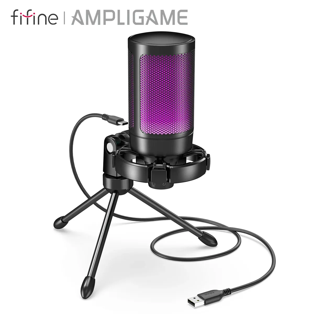 AmpliGame par FIFINE Microphone USB RGB pour jeu avec bouton de sourdine tactile, micro à condensateur avec trépied pour PC, PS4/5 et ordinateur portable, streaming – A2