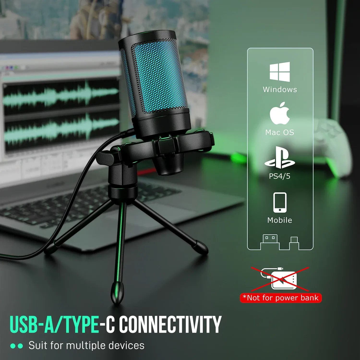 AmpliGame par FIFINE Microphone USB RGB pour jeu avec bouton de sourdine tactile, micro à condensateur avec trépied pour PC, PS4/5 et ordinateur portable, streaming – A2 3