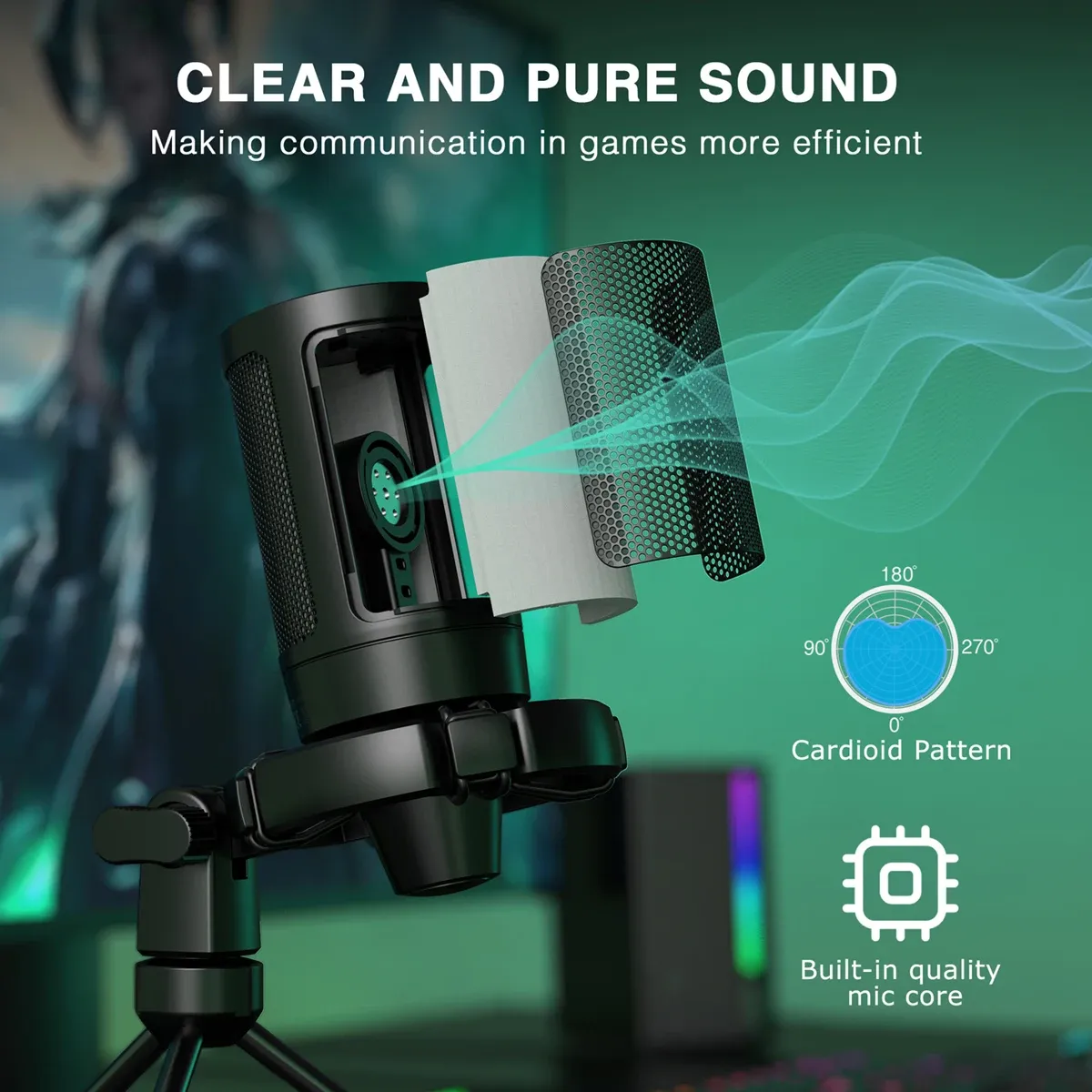 AmpliGame par FIFINE Microphone USB RGB pour jeu avec bouton de sourdine tactile, micro à condensateur avec trépied pour PC, PS4/5 et ordinateur portable, streaming – A2 4