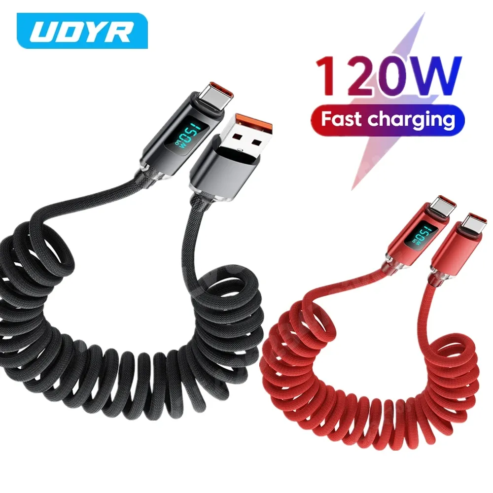 Câble de charge rétractable pour voiture 120 W avec écran numérique, connecteur USB-C vers USB-C, compatible Samsung et iPhone 16