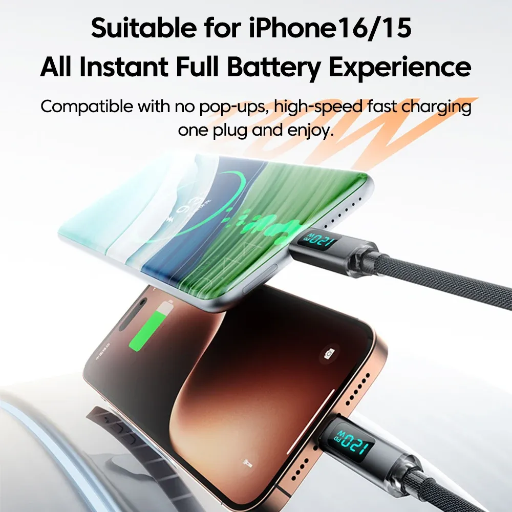 Câble de charge rétractable pour voiture 120 W avec écran numérique, connecteur USB-C vers USB-C, compatible Samsung et iPhone 16 3