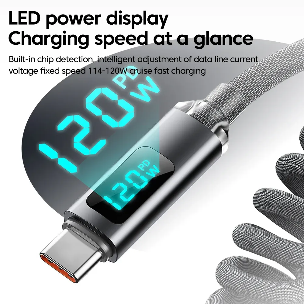 Câble de charge rétractable pour voiture 120 W avec écran numérique, connecteur USB-C vers USB-C, compatible Samsung et iPhone 16 5