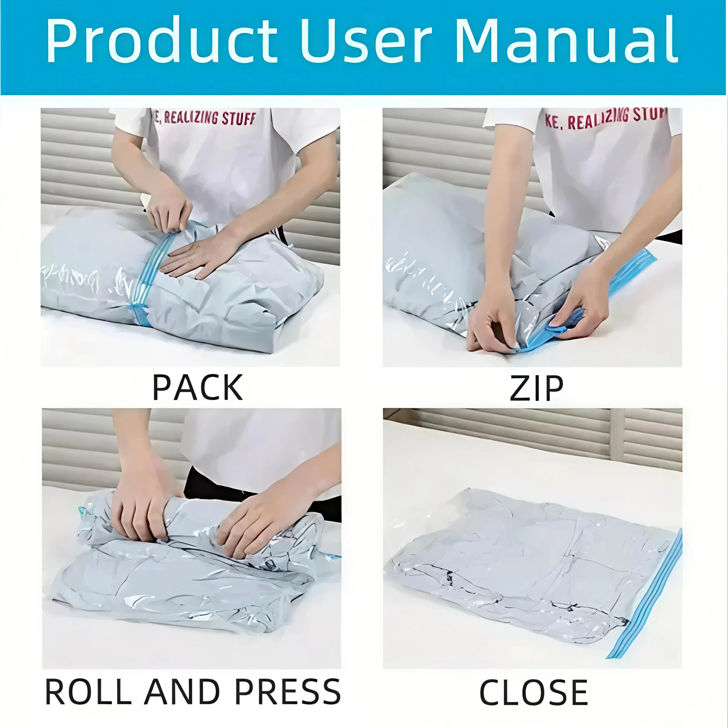 Lot de 5 sacs de compression sous vide pour voyage, rangement compact et réutilisable, sans pompe, organiseurs étanches pour vêtements et bagages 4