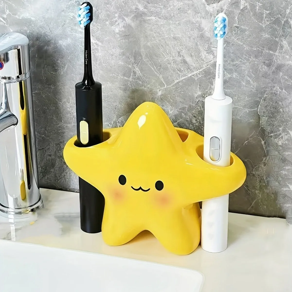 Porte-brosse à dents en forme d'étoile autoportant avec motif de visage mignon, organisateur de salle de bain pour brosse à dents et dentifrice 3