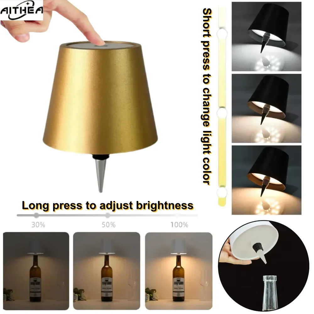 Lampe de table sans fil AITHEA à LED pour bouteille de vin, rechargeable, avec interrupteur tactile, veilleuse décorative pour cafés, bars et restaurants 5