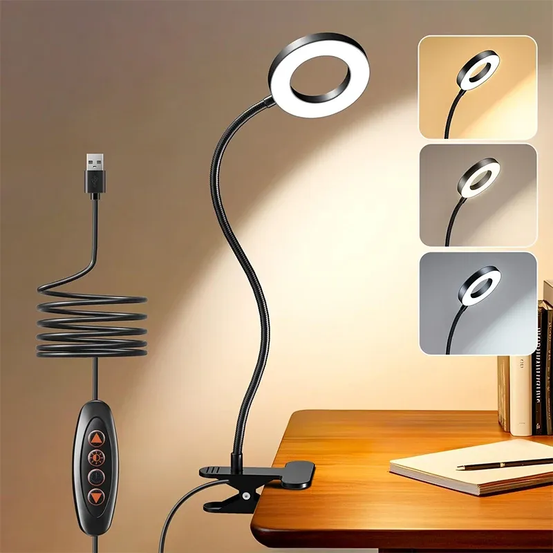 Lampe de lecture à pince USB pour bureau et lit, intensité variable, 3 modes d'éclairage et 10 niveaux de luminosité, col flexible rotatif à 360°