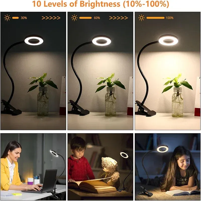 Lampe de lecture à pince USB pour bureau et lit, intensité variable, 3 modes d'éclairage et 10 niveaux de luminosité, col flexible rotatif à 360° 3