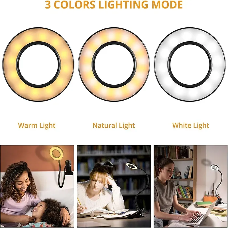 Lampe de lecture à pince USB pour bureau et lit, intensité variable, 3 modes d'éclairage et 10 niveaux de luminosité, col flexible rotatif à 360° 2