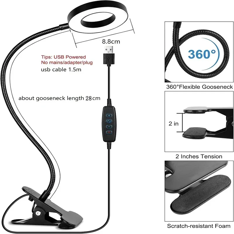Lampe de lecture à pince USB pour bureau et lit, intensité variable, 3 modes d'éclairage et 10 niveaux de luminosité, col flexible rotatif à 360° 4