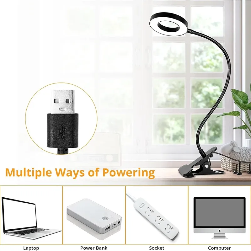 Lampe de lecture à pince USB pour bureau et lit, intensité variable, 3 modes d'éclairage et 10 niveaux de luminosité, col flexible rotatif à 360° 5