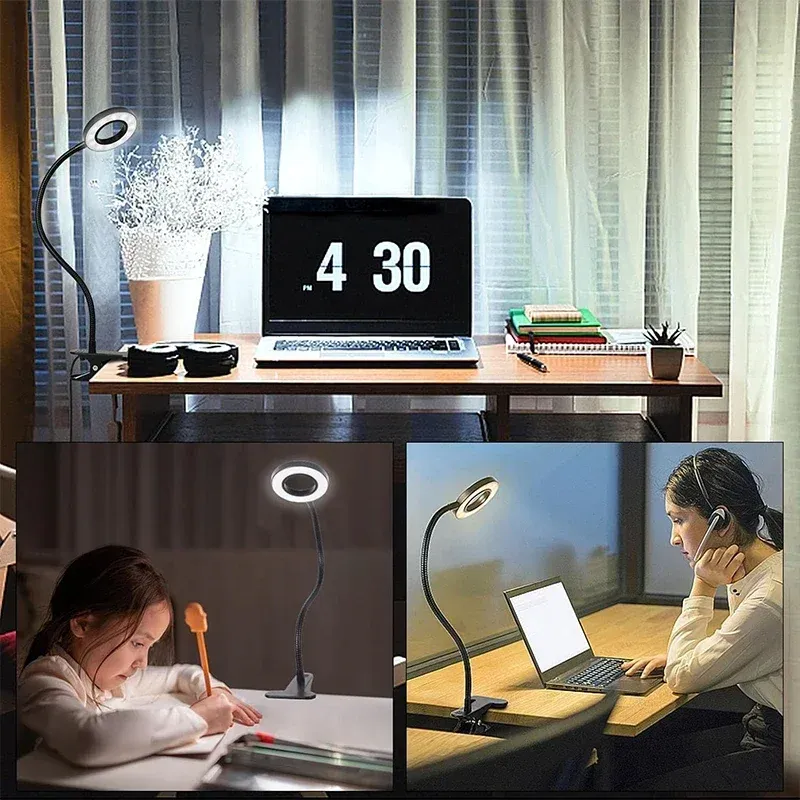 Lampe de lecture à pince USB pour bureau et lit, intensité variable, 3 modes d'éclairage et 10 niveaux de luminosité, col flexible rotatif à 360° 6