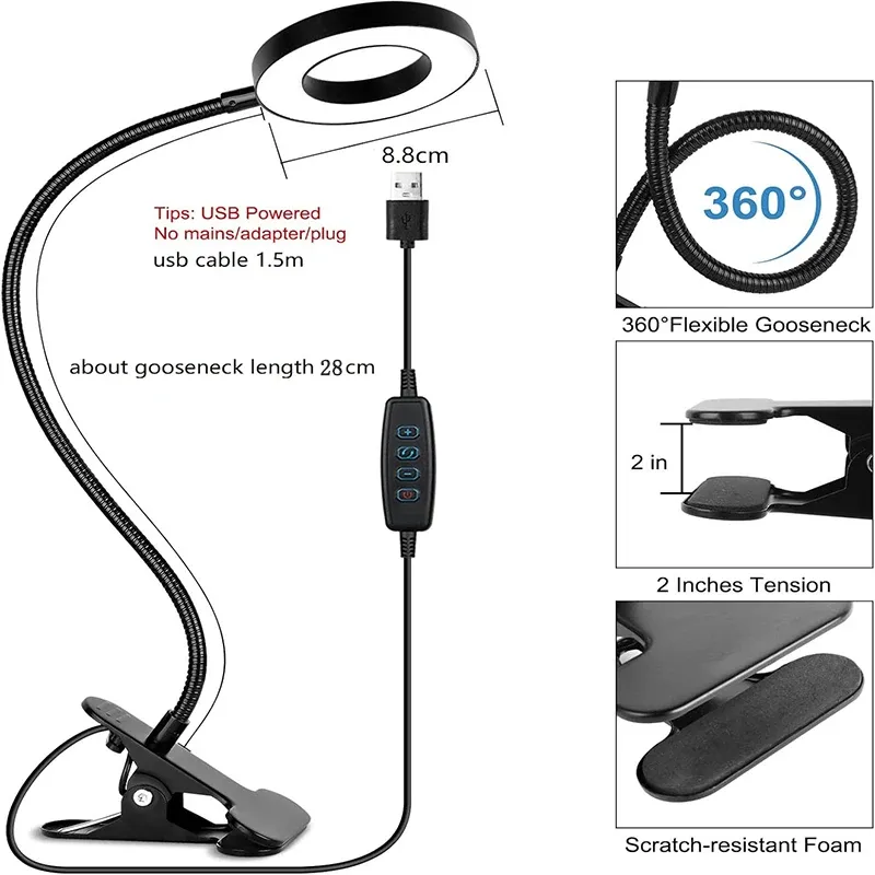 Lampe de lecture à pince USB pour bureau et lit, intensité variable, 3 modes d'éclairage et 10 niveaux de luminosité, col flexible rotatif à 360° 7