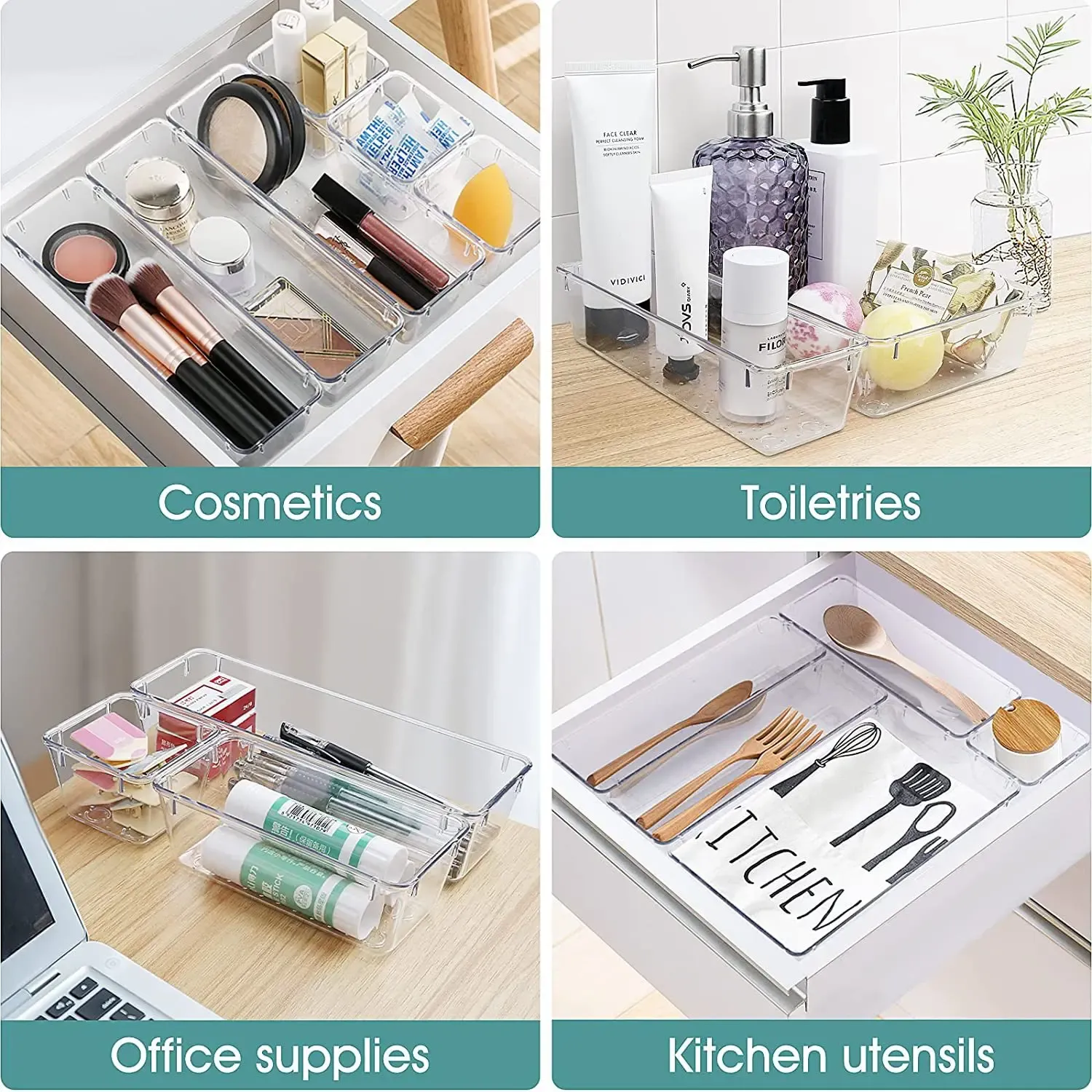Ensemble de 28 organisateurs de tiroirs transparents en 4 tailles pour salle de bain, coiffeuse, chambre et cuisine 4