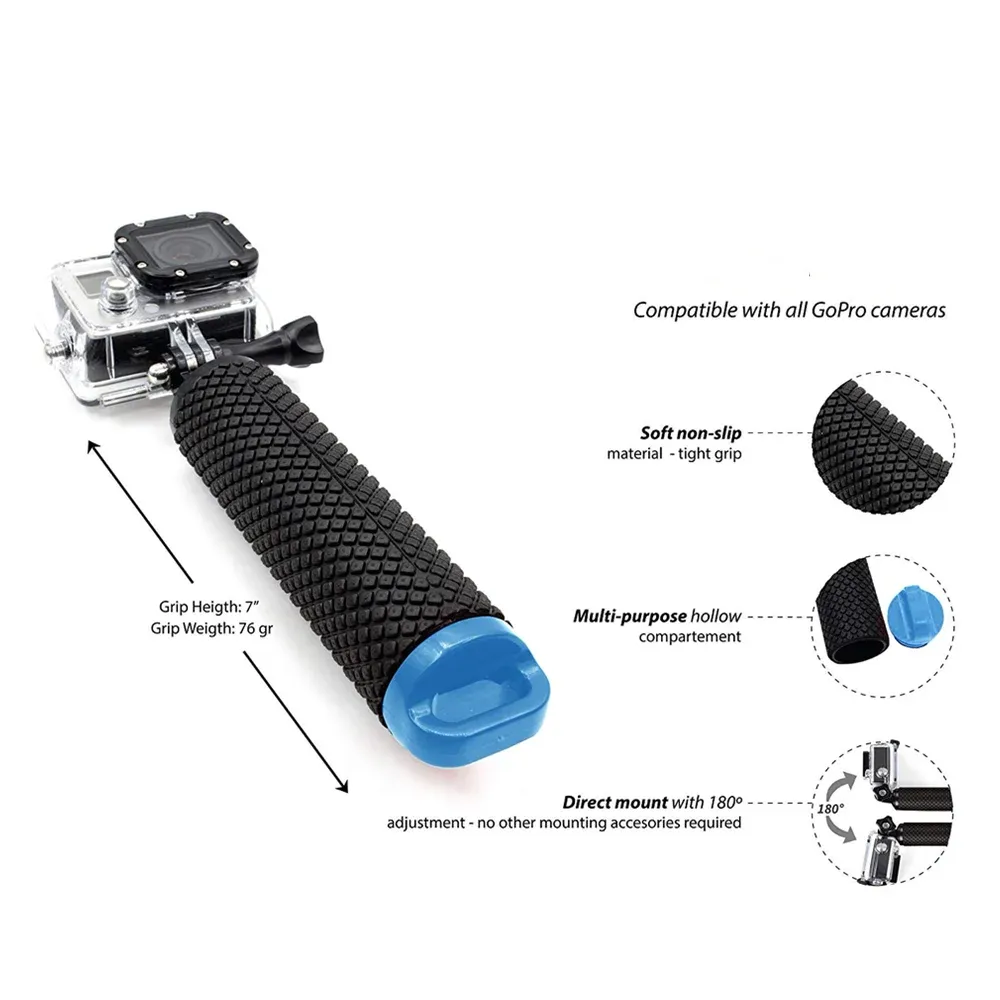 Poignée flottante pour caméra d'action GoPro Hero 8, 7, 6, 5, 4, Xiaomi Yi 4K, SJ4000, SJ5000 — accessoire de fixation flottante pour prise en main 3