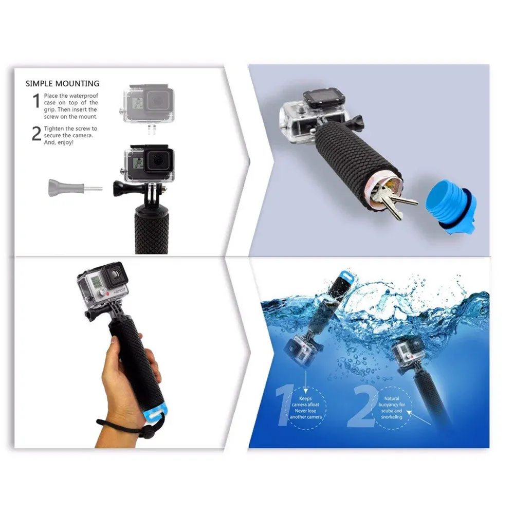 Poignée flottante pour caméra d'action GoPro Hero 8, 7, 6, 5, 4, Xiaomi Yi 4K, SJ4000, SJ5000 — accessoire de fixation flottante pour prise en main 5