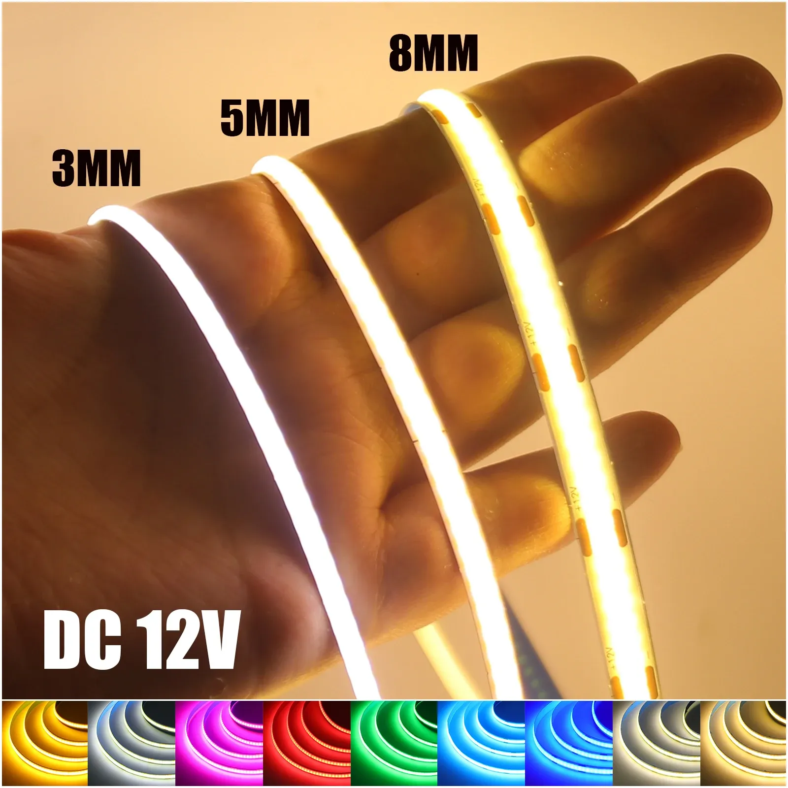 Bande lumineuse LED COB 12 V, flexible, 3 mm / 5 mm / 8 mm, longueur 0,5 à 5 m, 9 couleurs, pour décoration et rétro-éclairage TV