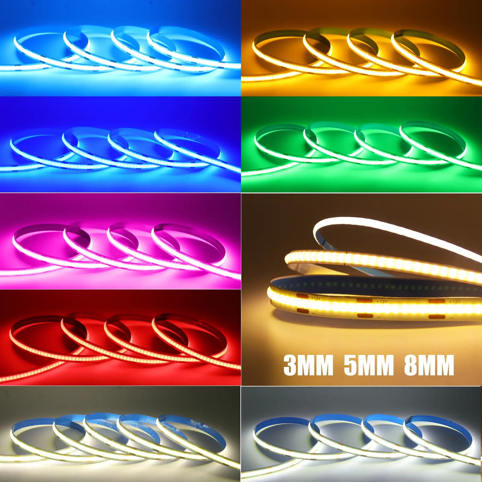 Bande lumineuse LED COB 12 V, flexible, 3 mm / 5 mm / 8 mm, longueur 0,5 à 5 m, 9 couleurs, pour décoration et rétro-éclairage TV 4