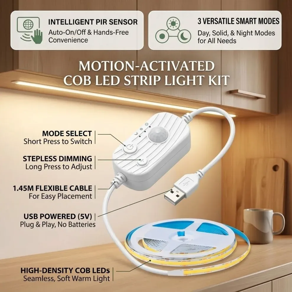 Bande LED COB 8 mm USB avec détecteur de mouvement, 3 modes d'éclairage et intensité variable