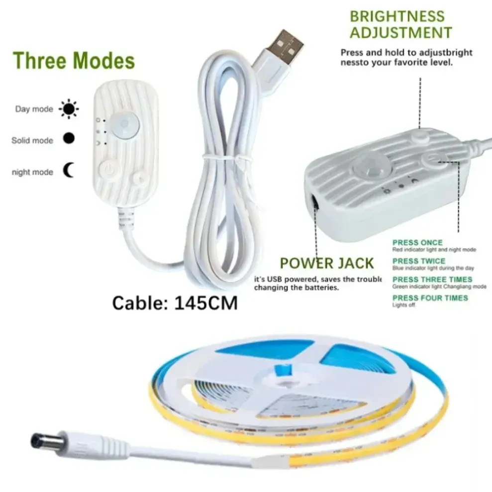 Bande LED COB 8 mm USB avec détecteur de mouvement, 3 modes d'éclairage et intensité variable 6
