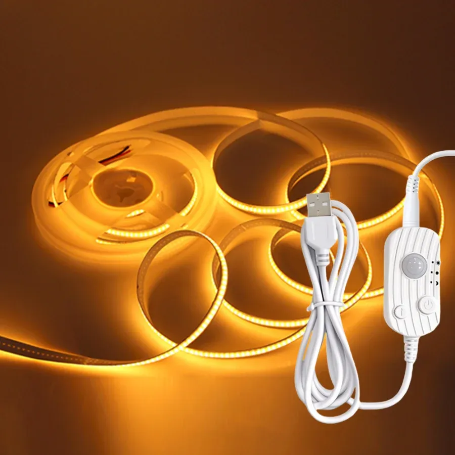 Bande LED COB 8 mm USB avec détecteur de mouvement, 3 modes d'éclairage et intensité variable 12