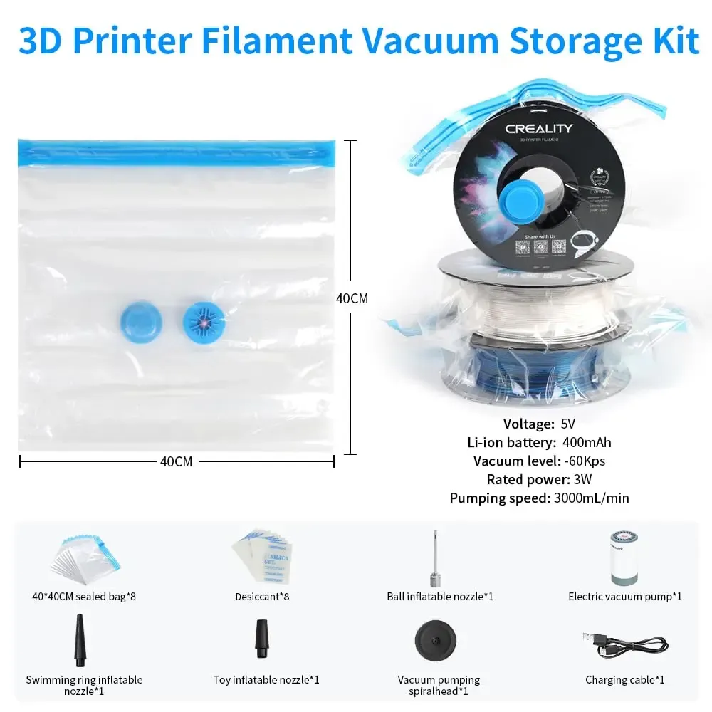 Creality – Kit de stockage sous vide pour filament d'imprimante 3D, sacs réutilisables 40 x 40 cm avec pompe électrique anti-poussière 5