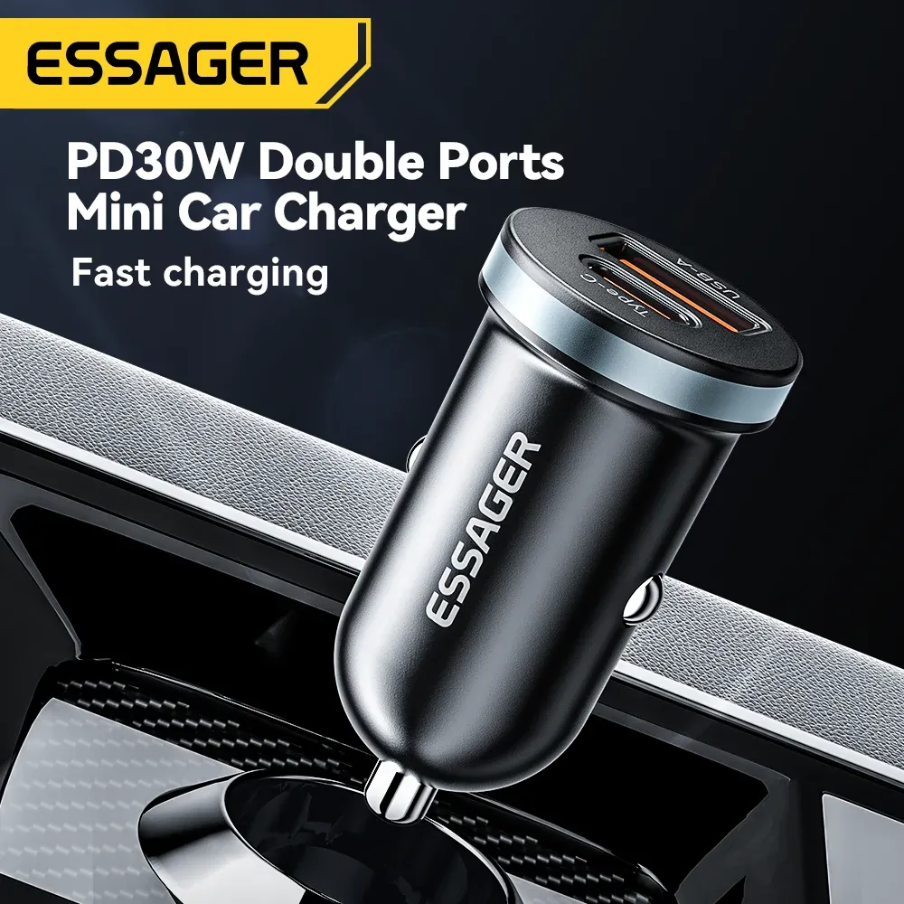 Chargeur de voiture USB-C Essager 30 W, charge rapide PD, QC 3.0 et SCP, 5 A