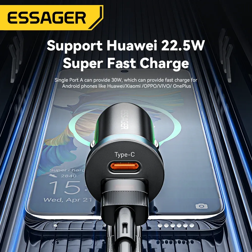 Chargeur de voiture USB-C Essager 30 W, charge rapide PD, QC 3.0 et SCP, 5 A 4