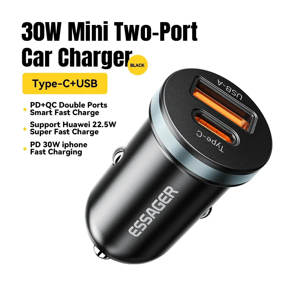 Chargeur de voiture USB-C Essager 30 W, charge rapide PD, QC 3.0 et SCP, 5 A 7
