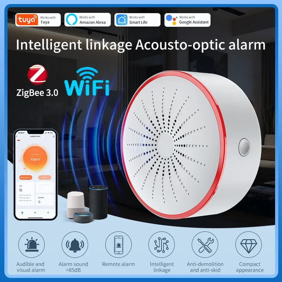 Sirène intelligente Tuya Wi-Fi et Zigbee avec alarme sonore et lumineuse pour la sécurité domestique, compatible Alexa et Google Assistant - Image 1