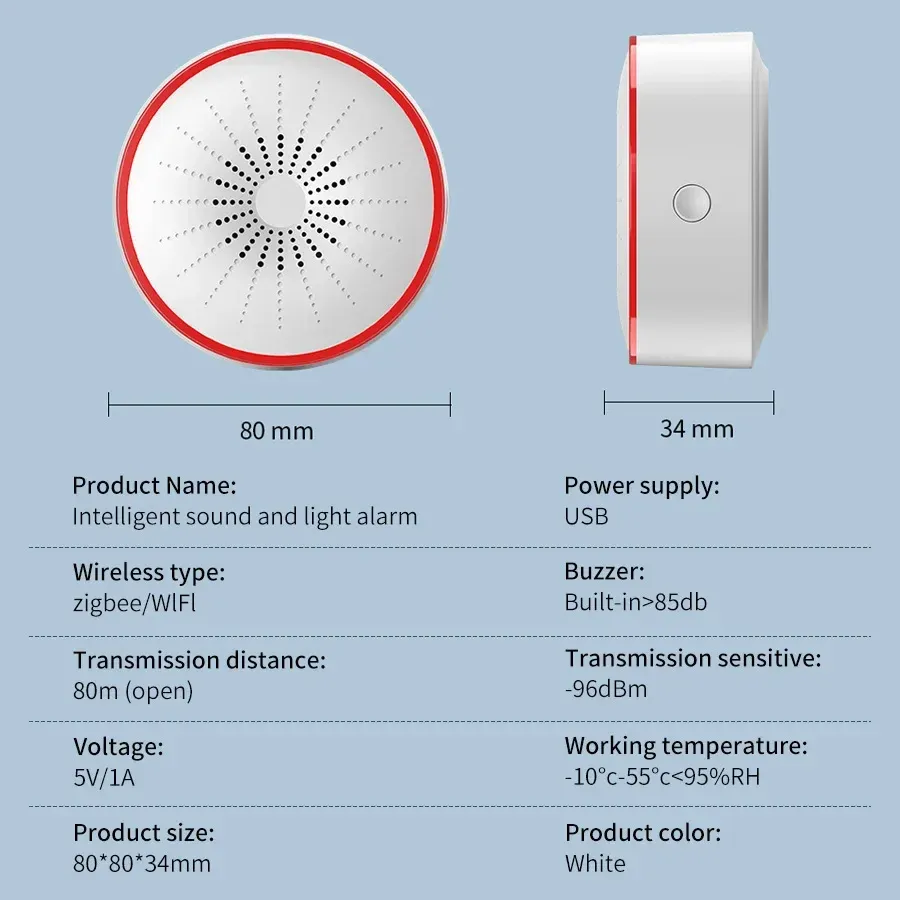 Sirène intelligente Tuya Wi-Fi et Zigbee avec alarme sonore et lumineuse pour la sécurité domestique, compatible Alexa et Google Assistant 6